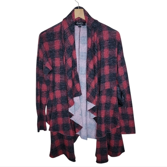 Dotty | Womens Red Black Plaid Cascade Tiered Open Front Cardigan Small - Picture 1 of 7